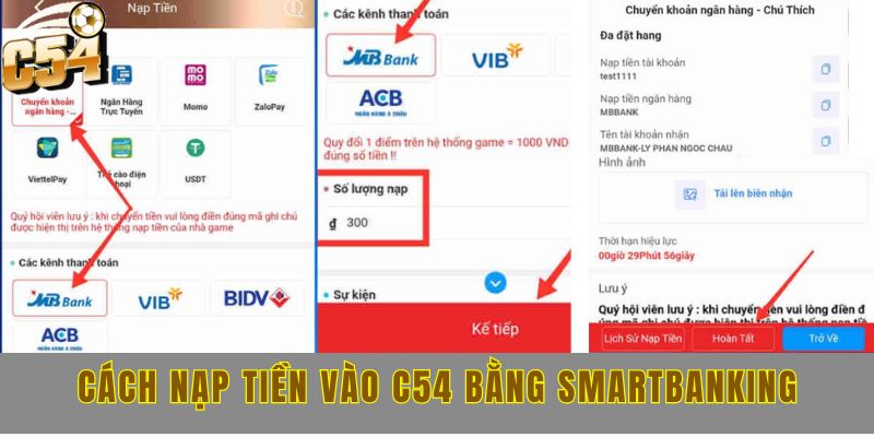 Cách nạp tiền vào C54 bằng smartbanking